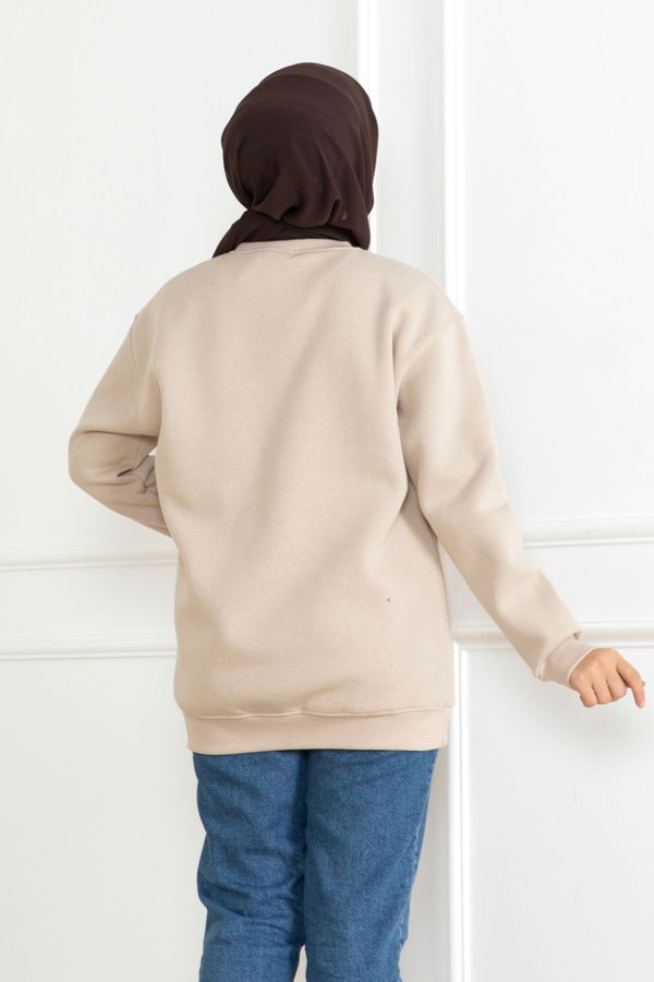 Düz Orta Kadın Bej Sweatshirt - 26617