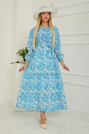 Desenli Kolu Büzgülü Elbise D1 Mavi - 26619