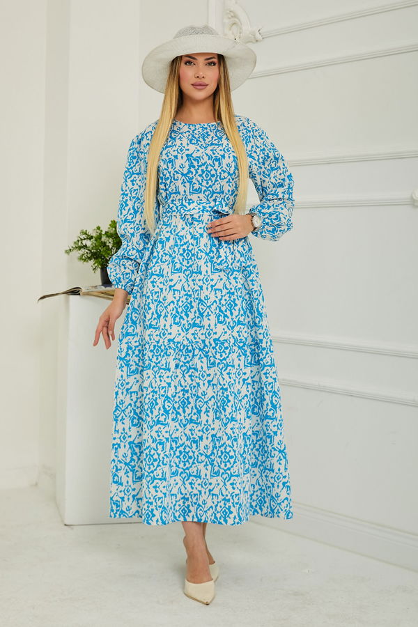 Desenli Kolu Büzgülü Elbise D1 Mavi - 26619
