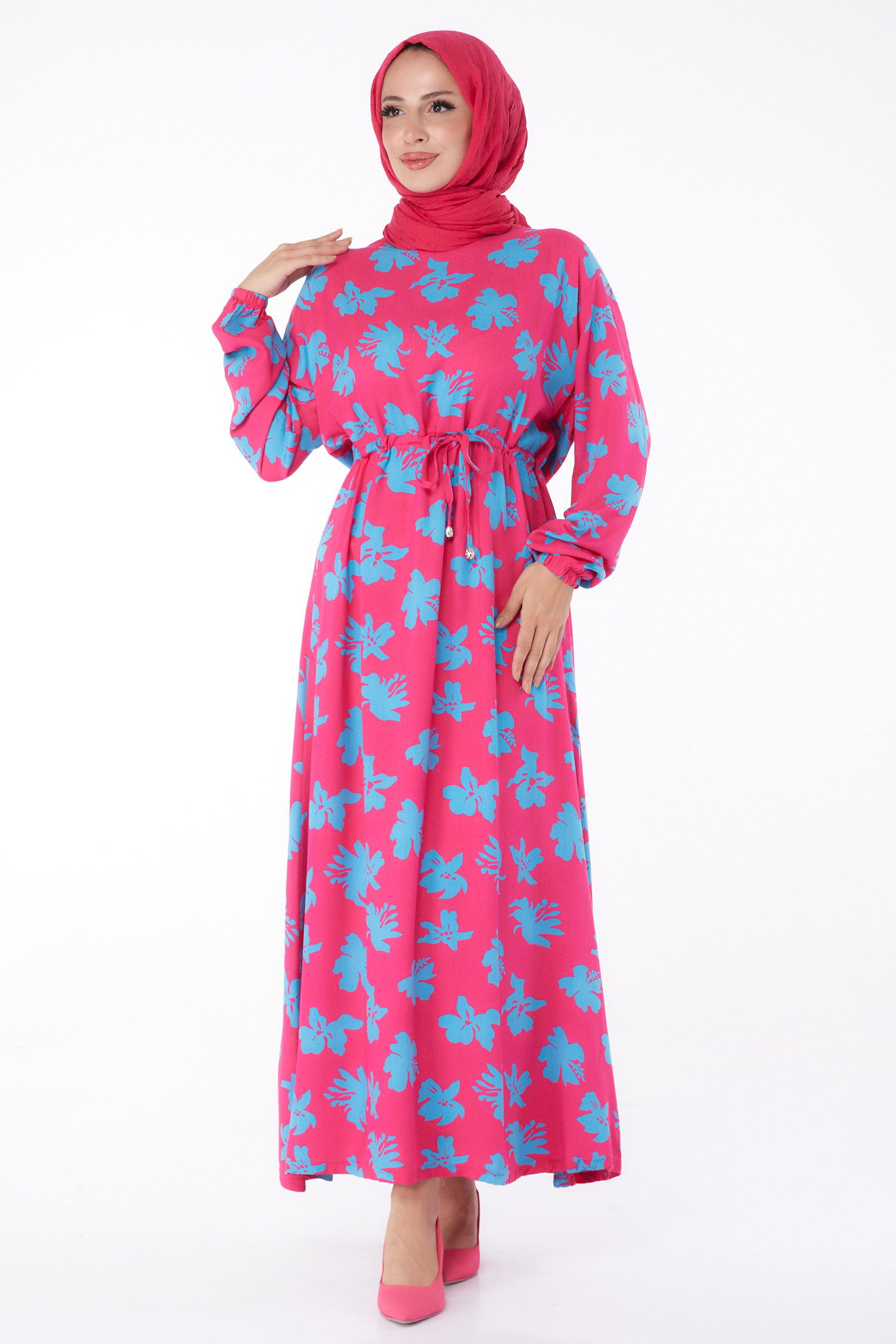 Düz Bisiklet Yaka Kadın Pembe Çiçek Desenli Elbise - 26227 PEMBE