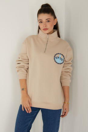 Düz Yarım Balıkçı Yaka Kadın Bej Baskılı Sweatshirt - 26518