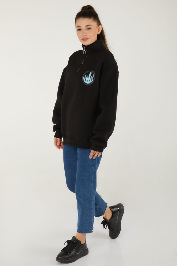 Düz Yarım Balıkçı Yaka Kadın Siyah Baskılı Sweatshirt - 26518