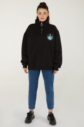 Düz Yarım Balıkçı Yaka Kadın Siyah Baskılı Sweatshirt - 26518