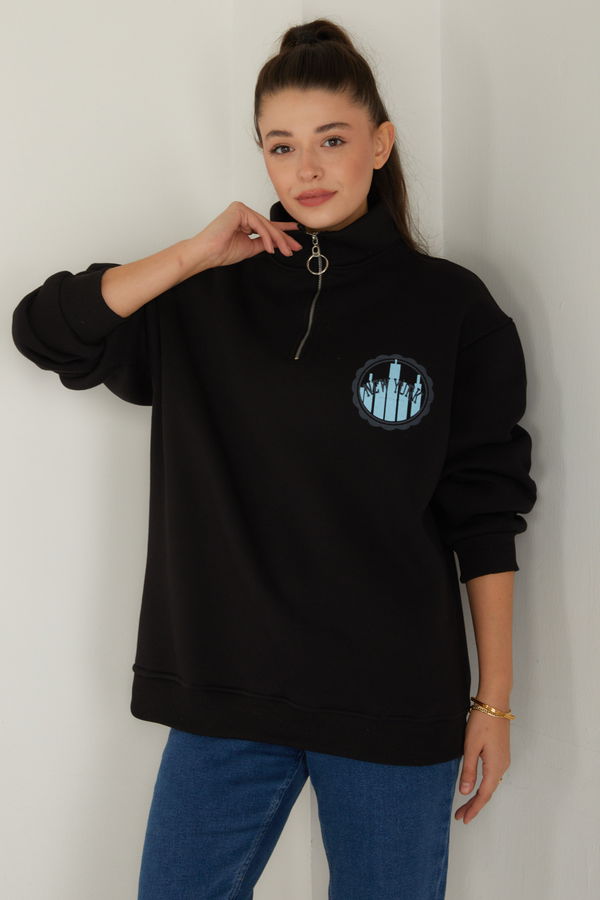 Düz Yarım Balıkçı Yaka Kadın Siyah Baskılı Sweatshirt - 26518