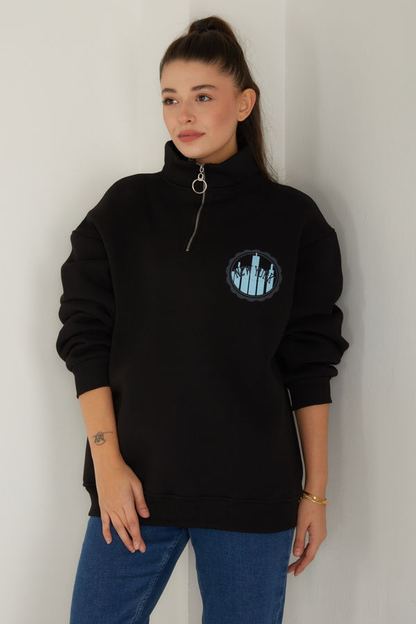 Düz Yarım Balıkçı Yaka Kadın Siyah Baskılı Sweatshirt - 26518
