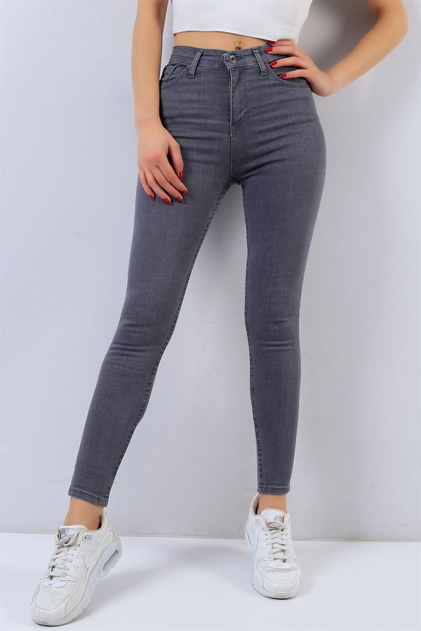 Düz Orta Kadın Gri Skinny Kot Pantolon - 26646