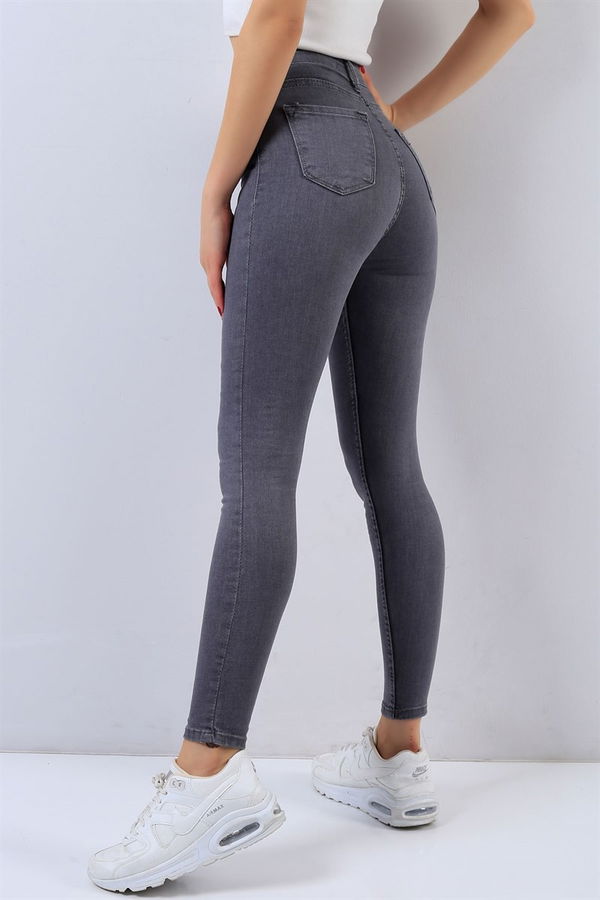 Düz Orta Kadın Gri Skinny Kot Pantolon - 26646