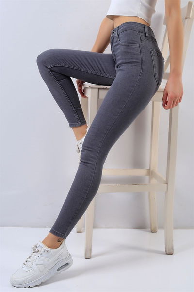 Düz Orta Kadın Gri Skinny Kot Pantolon - 26646