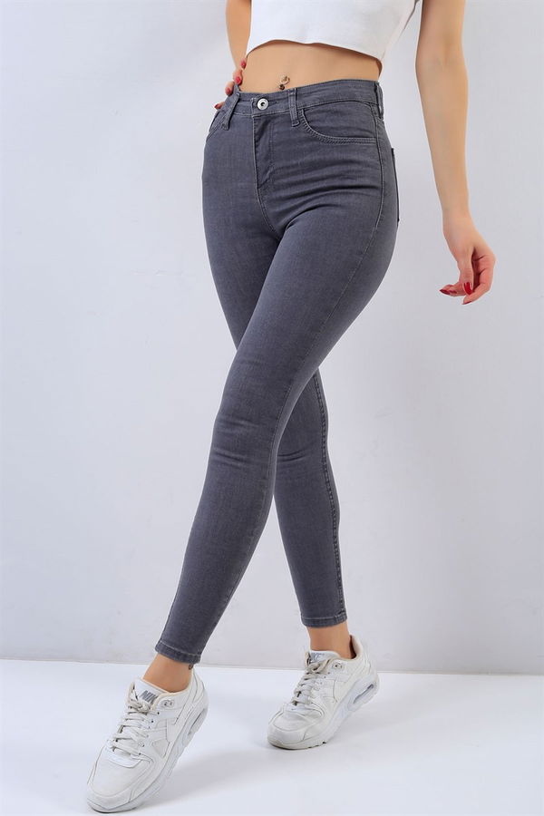 Düz Orta Kadın Gri Skinny Kot Pantolon - 26646