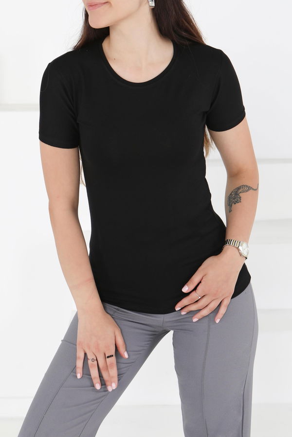 Kısa Kollu Baskısız T-shirt Siyah - 24764 SİYAH