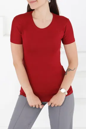 Kısa Kollu Baskısız T-shirt Bordo - 24764