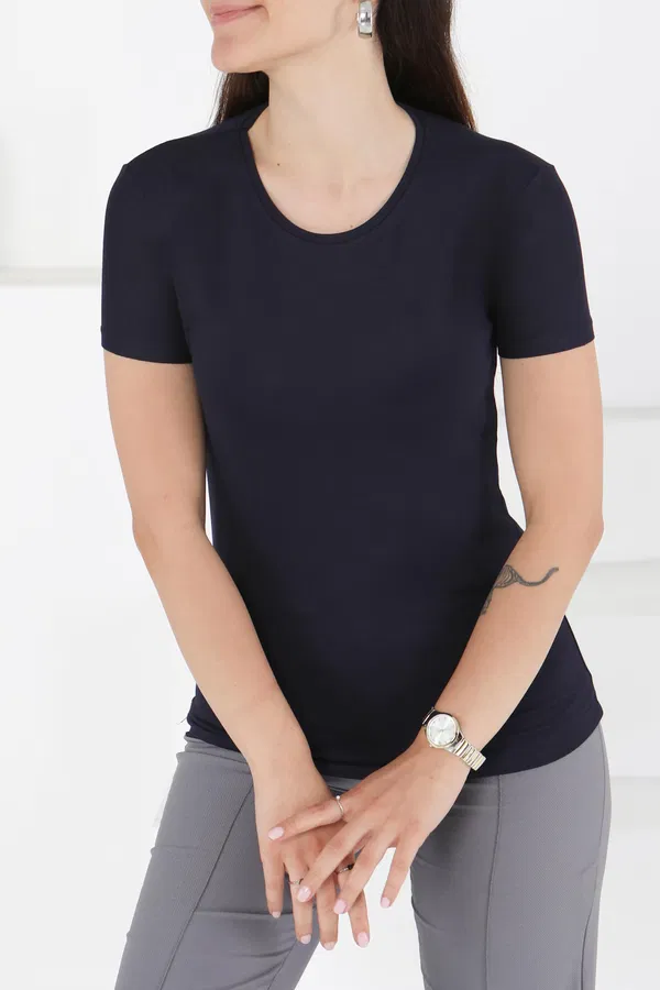 Kısa Kollu Baskısız T-shirt Lacivert - 24764 LACİVERT
