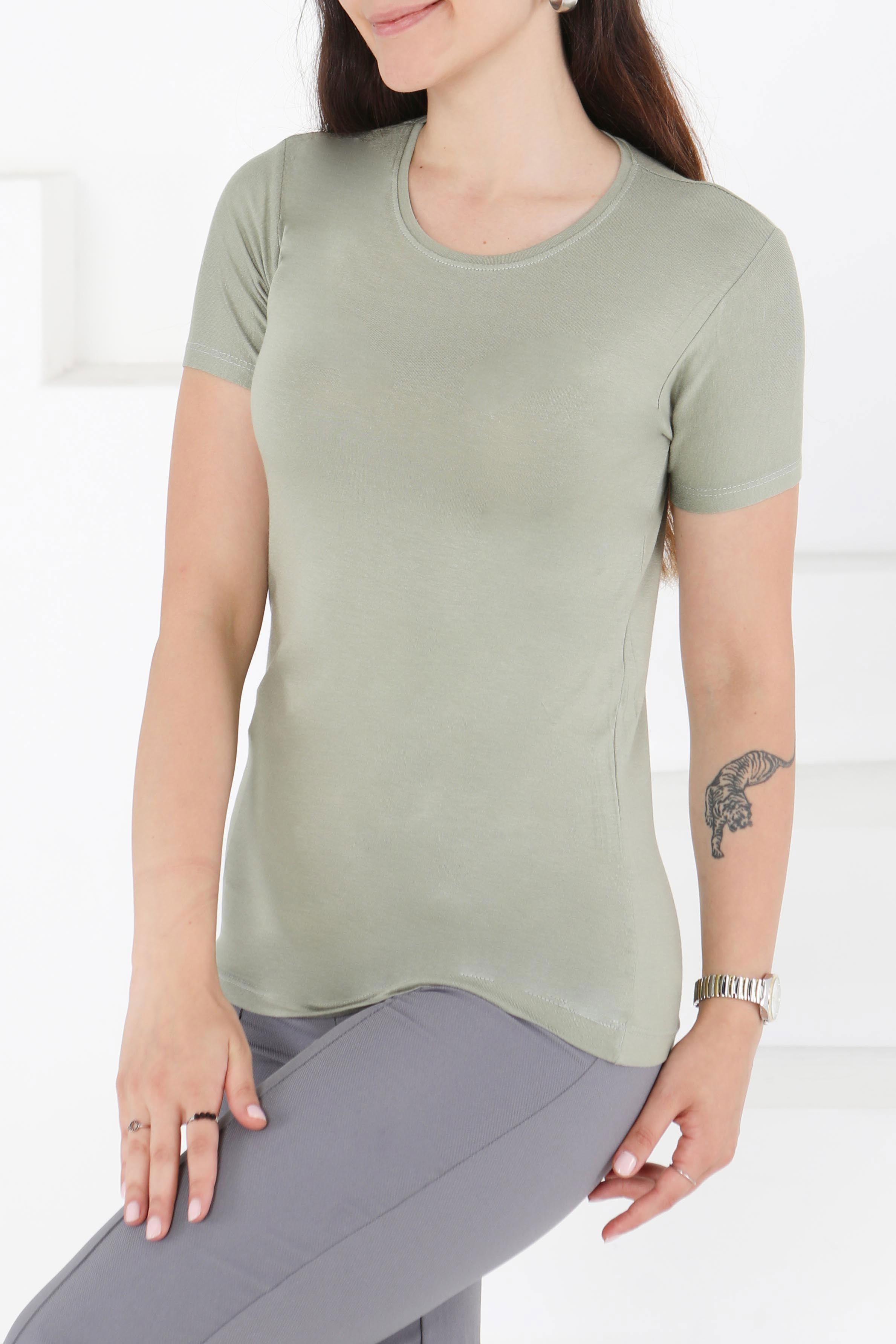Kısa Kollu Baskısız T-shirt Haki - 24764 HAKİ