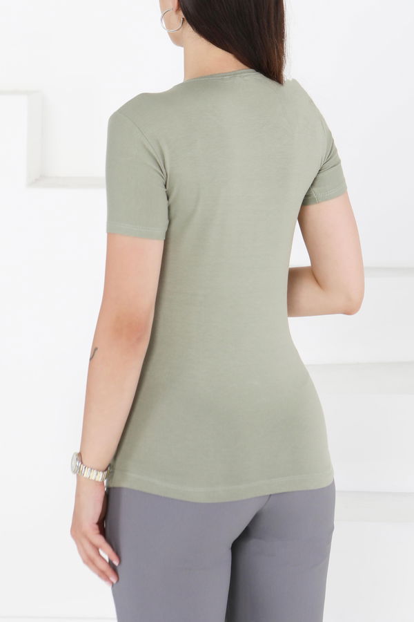 Kısa Kollu Baskısız T-shirt Haki - 24764 HAKİ