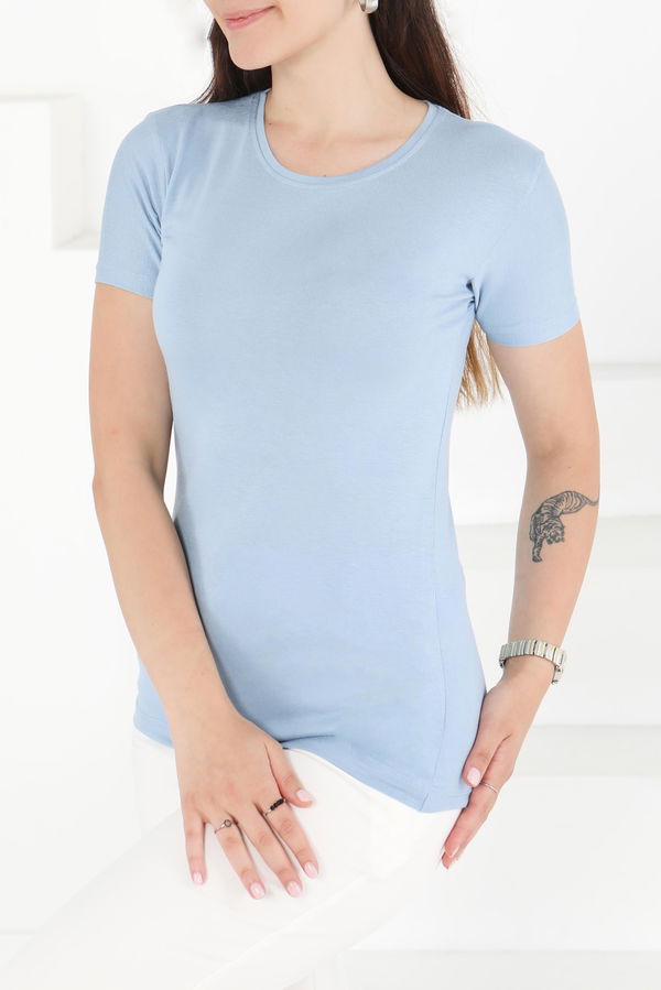 Kısa Kollu Baskısız T-shirt Mavi - 24764 MAVİ