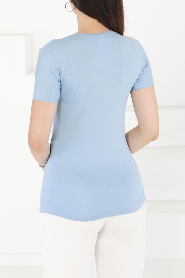 Kısa Kollu Baskısız T-shirt Mavi - 24764 MAVİ