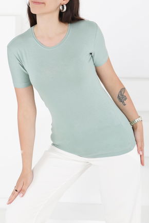 Düz Bisiklet Yaka Kadın Yeşil Kısa Kollu Baskısız T-shirt - 24764
