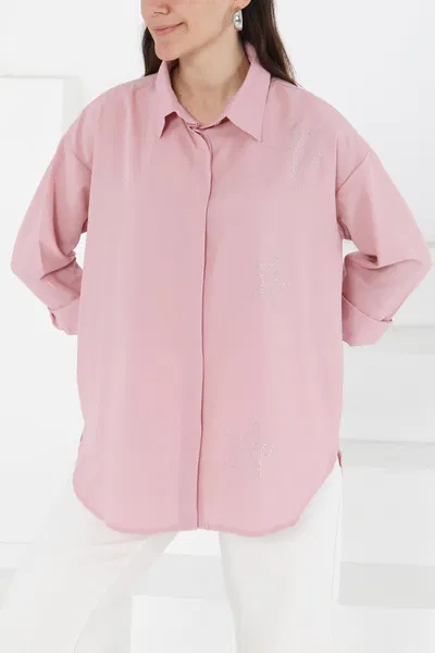 Düz Gömlek Yaka Kadın Pembe Yıldız Taşlı Gömlek - 13255 PEMBE