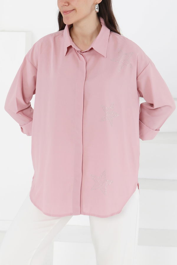 Düz Gömlek Yaka Kadın Pembe Yıldız Taşlı Gömlek - 13255 PEMBE