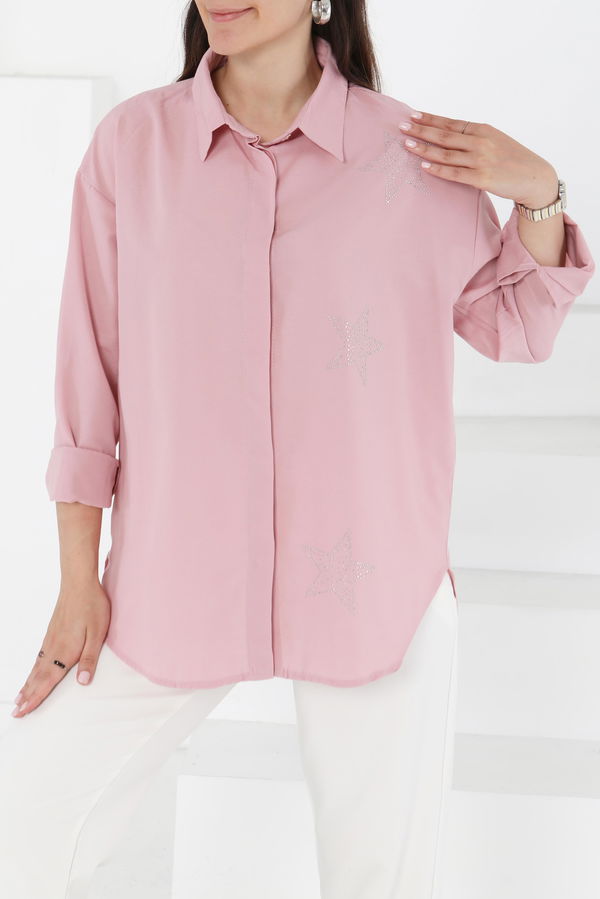 Düz Gömlek Yaka Kadın Pembe Yıldız Taşlı Gömlek - 13255 PEMBE
