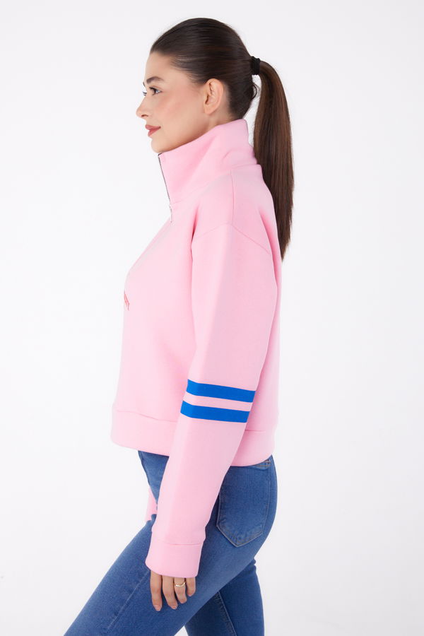 Düz Hakim Yaka Kadın Pembe Fermuarlı sweatshirt - 26381 PEMBE