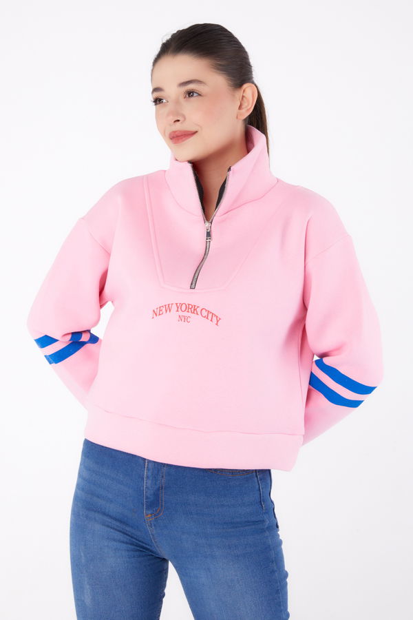 Düz Hakim Yaka Kadın Pembe Fermuarlı sweatshirt - 26381 PEMBE