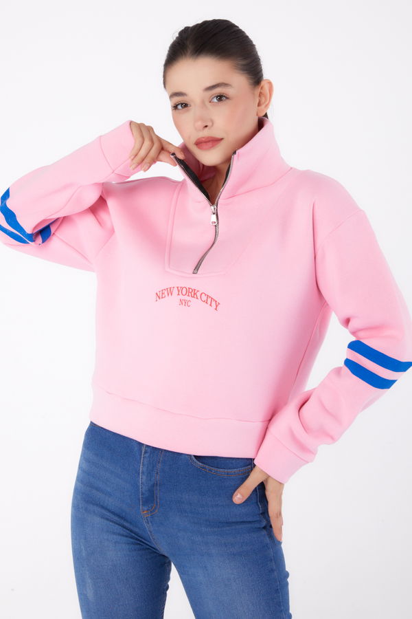 Düz Hakim Yaka Kadın Pembe Fermuarlı sweatshirt - 26381 PEMBE