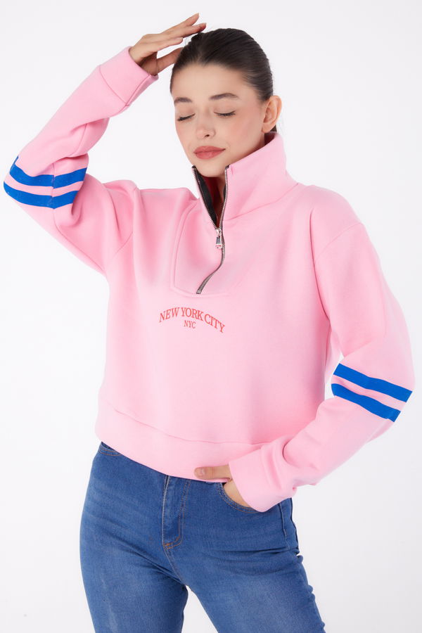 Düz Hakim Yaka Kadın Pembe Fermuarlı sweatshirt - 26381 PEMBE