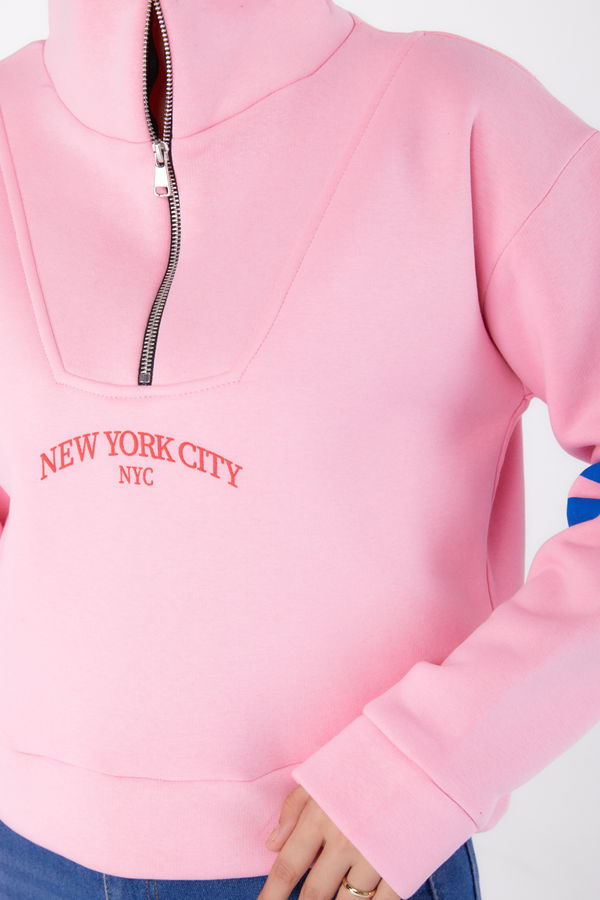 Düz Hakim Yaka Kadın Pembe Fermuarlı sweatshirt - 26381 PEMBE