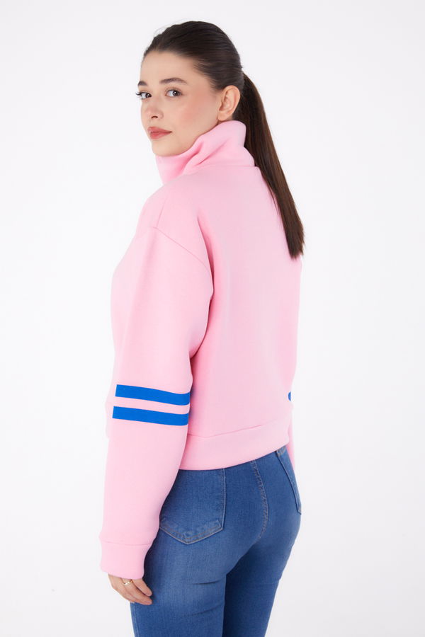 Düz Hakim Yaka Kadın Pembe Fermuarlı sweatshirt - 26381 PEMBE
