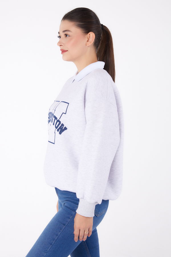 Düz Gömlek Yaka Kadın Gri Baskılı Sweatshirt - 26382