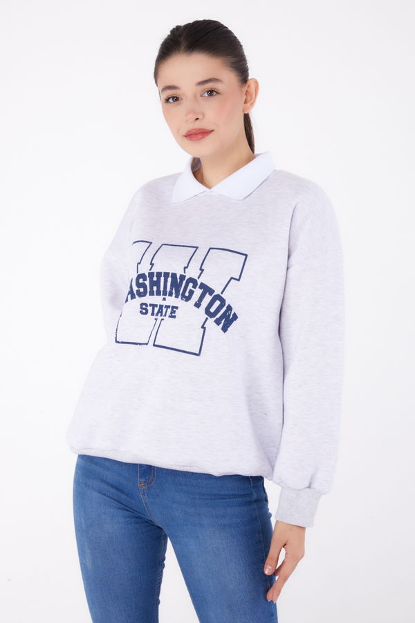 Düz Gömlek Yaka Kadın Gri Baskılı Sweatshirt - 26382