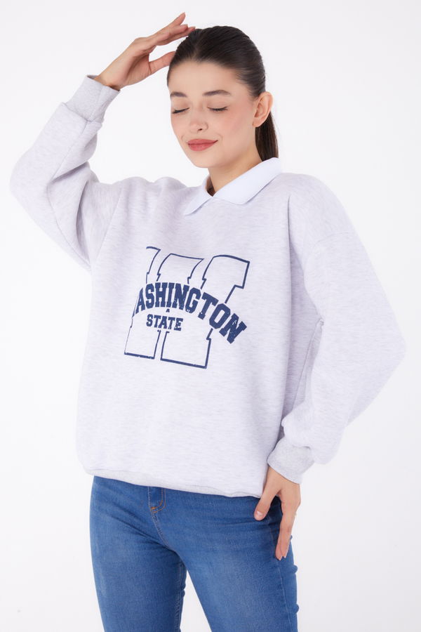 Düz Gömlek Yaka Kadın Gri Baskılı Sweatshirt - 26382