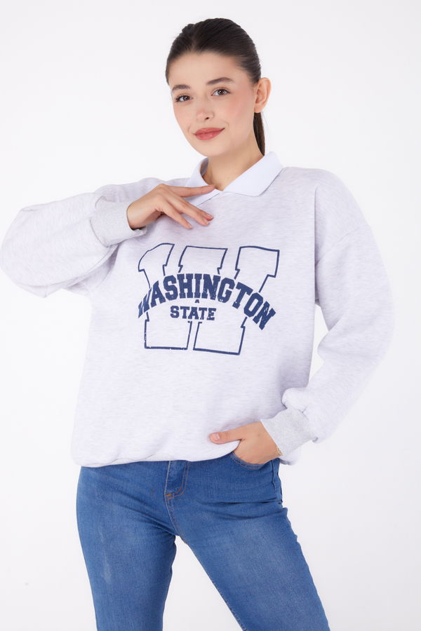 Düz Gömlek Yaka Kadın Gri Baskılı Sweatshirt - 26382