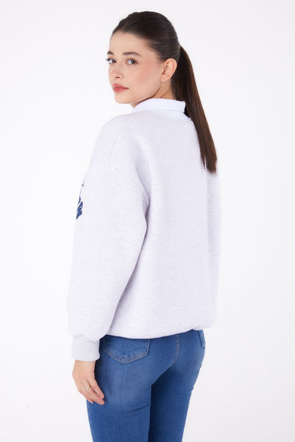 Düz Gömlek Yaka Kadın Gri Baskılı Sweatshirt - 26382