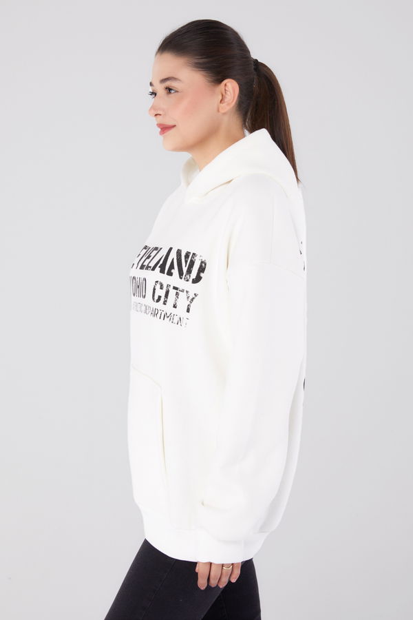 Düz Kapşonlu Yaka Kadın Beyaz Baskılı Sweatshirt - 26383
