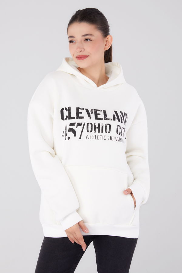 Düz Kapşonlu Yaka Kadın Beyaz Baskılı Sweatshirt - 26383