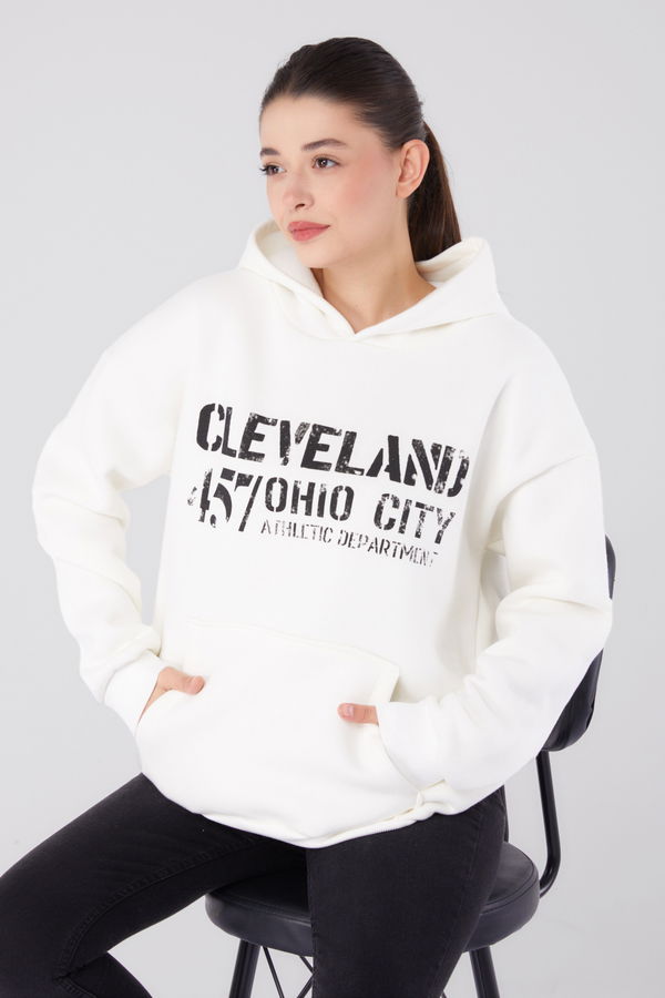 Düz Kapşonlu Yaka Kadın Beyaz Baskılı Sweatshirt - 26383