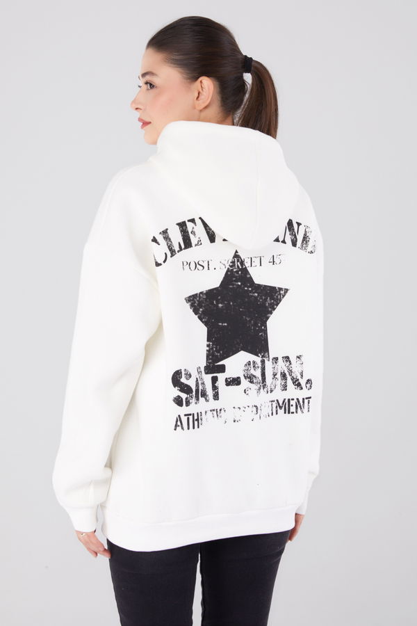 Düz Kapşonlu Yaka Kadın Beyaz Baskılı Sweatshirt - 26383