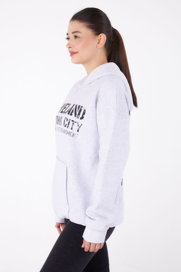 Düz Kapşonlu Yaka Kadın Gri Baskılı Sweatshirt - 26383