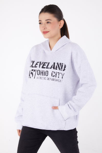 Düz Kapşonlu Yaka Kadın Gri Baskılı Sweatshirt - 26383