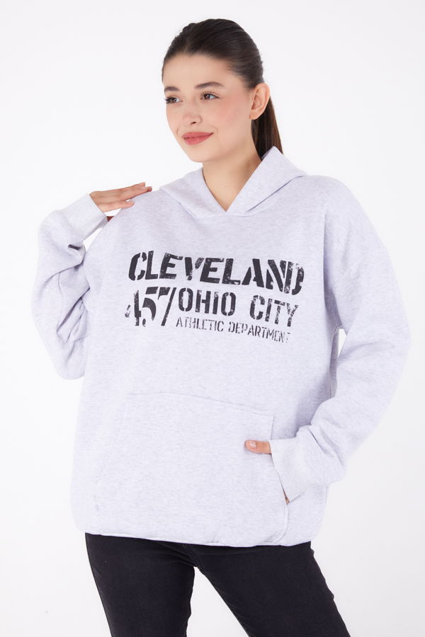 Düz Kapşonlu Yaka Kadın Gri Baskılı Sweatshirt - 26383