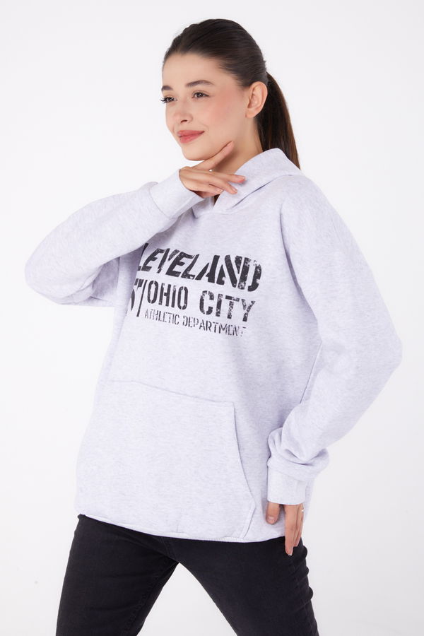 Düz Kapşonlu Yaka Kadın Gri Baskılı Sweatshirt - 26383