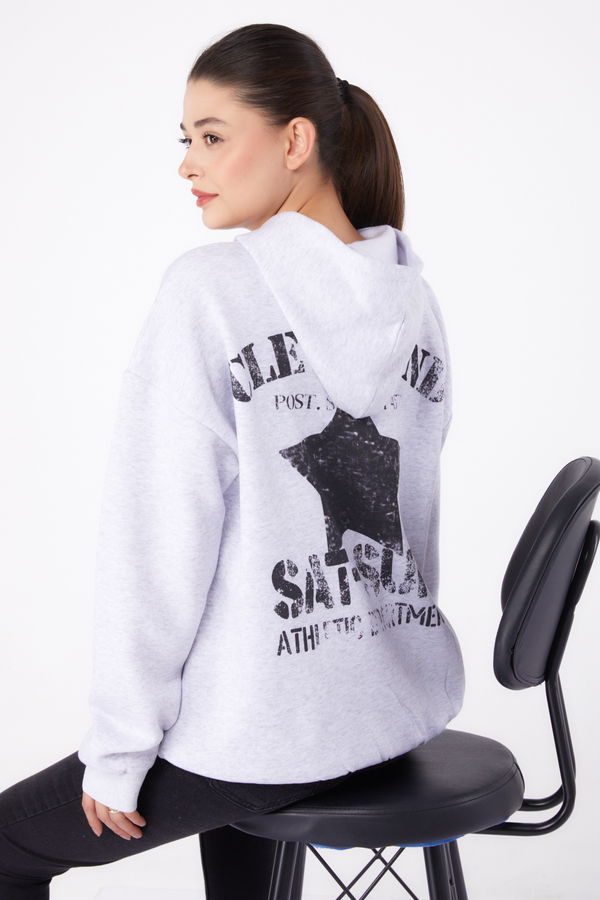 Düz Kapşonlu Yaka Kadın Gri Baskılı Sweatshirt - 26383