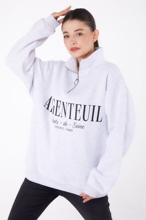 Düz Yarım Balıkçı Yaka Kadın Gri Fermuarlı Baskılı Sweatshirt - 26384