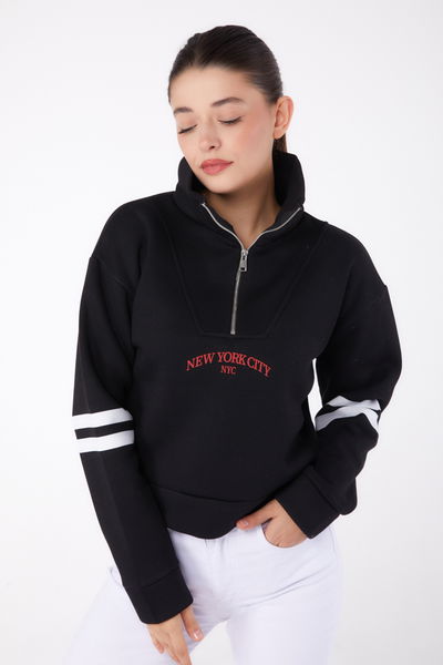Düz Hakim Yaka Kadın Siyah Fermuarlı sweatshirt - 26381