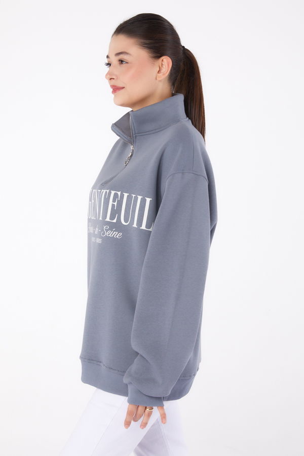 Düz Yarım Balıkçı Yaka Kadın Antrasit Fermuarlı Baskılı Sweatshirt - 26384