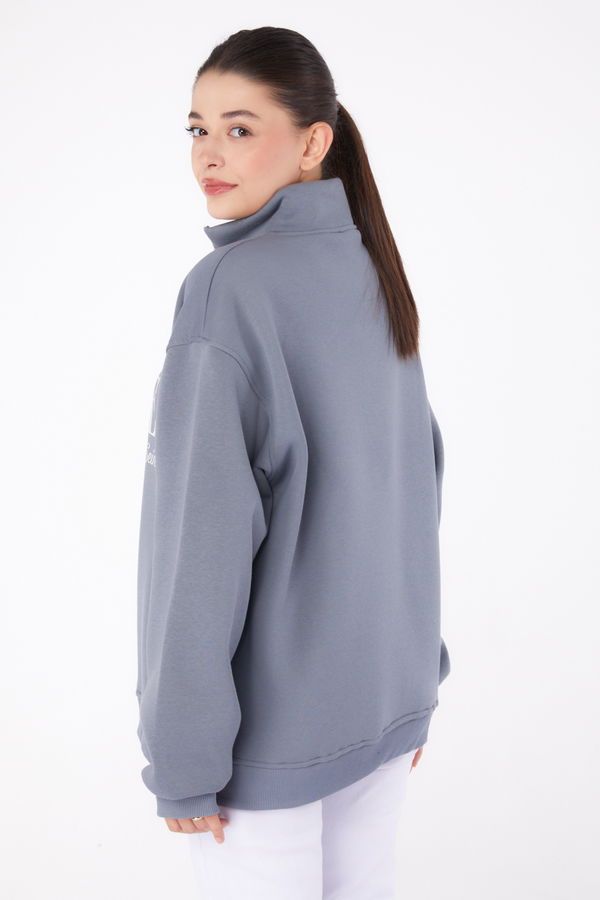 Düz Yarım Balıkçı Yaka Kadın Antrasit Fermuarlı Baskılı Sweatshirt - 26384