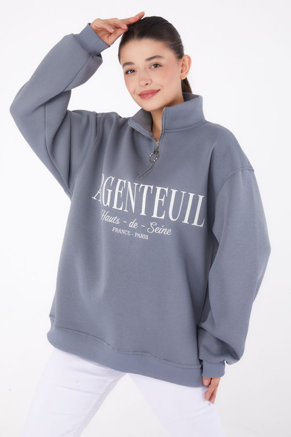 Düz Yarım Balıkçı Yaka Kadın Antrasit Fermuarlı Baskılı Sweatshirt - 26384
