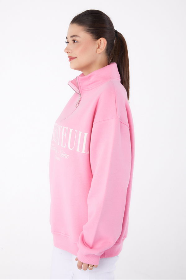 Düz Yarım Balıkçı Yaka Kadın Pembe Fermuarlı Baskılı Sweatshirt - 26384